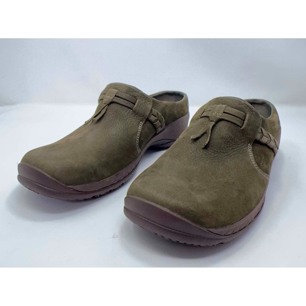 Merrell Encore Kassie Tassel Clogs‎ Womens 9.5 Olive Nubuck Leather Slip On Walk